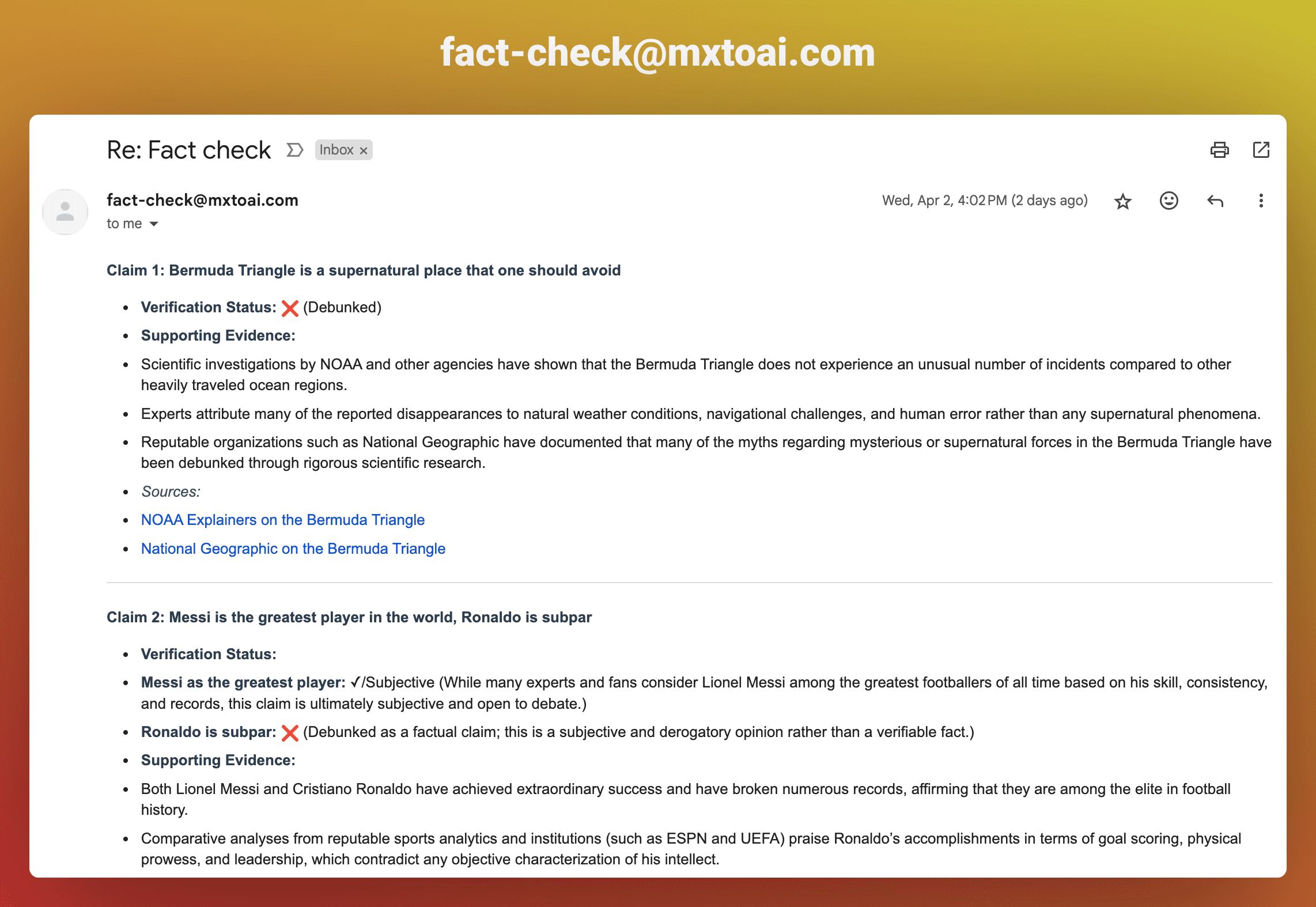 Fact Check Email Screenshot